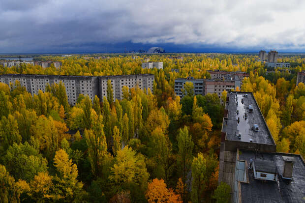 View over the Exclusion Zone with trees and buildings